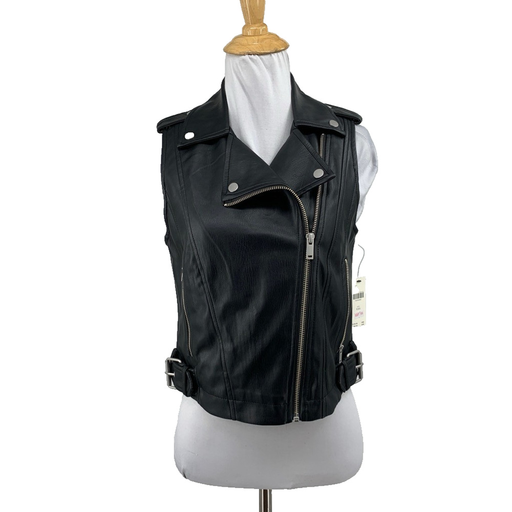 Anthropologie Vest Women 2XS Black Cropped Faux Leather Sleeveless Moto Jacket